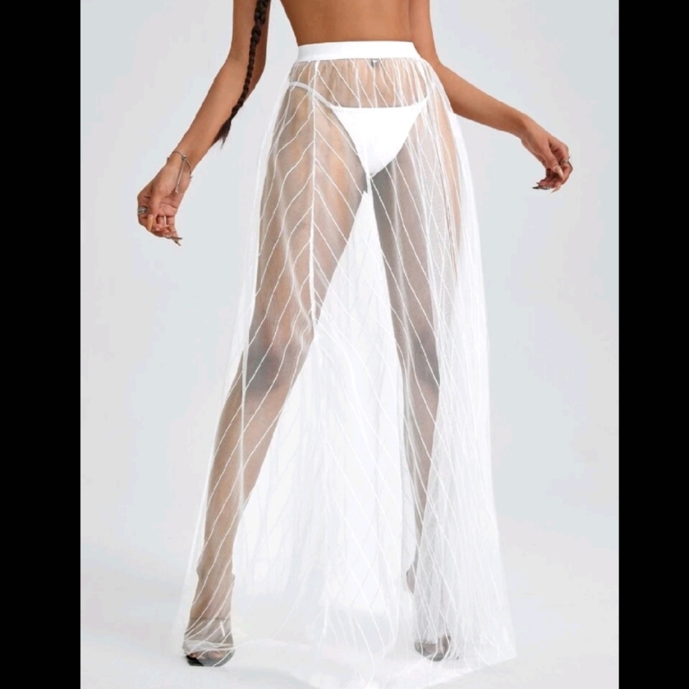 Sheer mesh striped beach coverup skirt